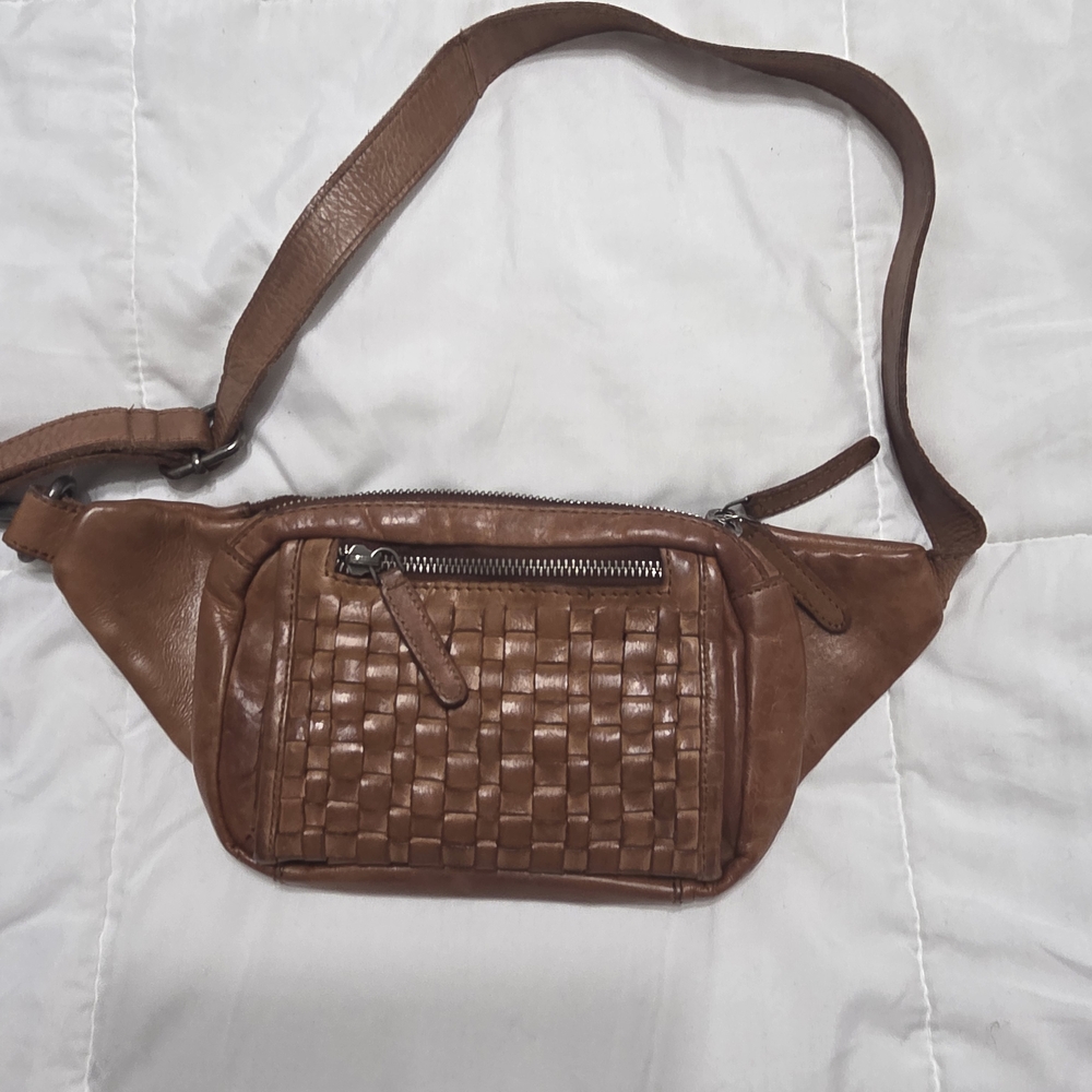 Woven Leather Crossbody Belt Bag in Cognac
